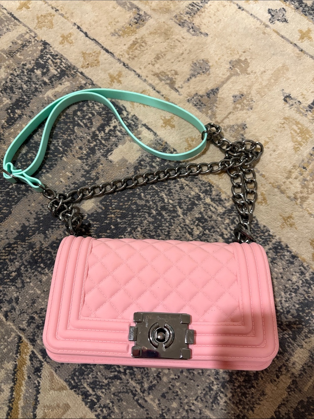 Pink Quilted Chain Shoulder Bag with Mint Strap
